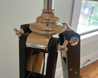 $125; Modern tripod floor lamp; approx. H: 56" body, 68.5" finial x 22" x 24"; minor wear