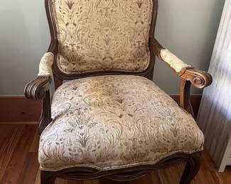 $200; Pair of 20th C. upholstered armchairs; approx. 20" (seat) x 27" x 27", 42" H back; wear and losses to legs from use