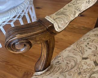 $200; Pair of 20th C. upholstered armchairs; approx. 20" (seat) x 27" x 27", 42" H back; wear and losses to legs from use