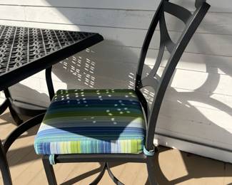 $300; O.W. Lee cast aluminum patio dinette table w/ two chairs; table 29" x 34"; chairs 19" seat w/cushion, 38" back x 19" W x 24 D