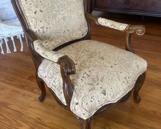 $200; Pair of 20th C. upholstered armchairs; approx. 20" (seat) x 27" x 27", 42" H back; wear and losses to legs from use