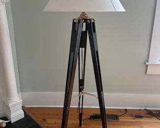 $125; Modern tripod floor lamp; approx. H: 56" body, 68.5" finial x 22" x 24"; minor wear