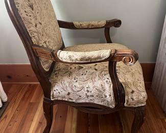 $200; Pair of 20th C. upholstered armchairs; approx. 20" (seat) x 27" x 27", 42" H back; wear and losses to legs from use