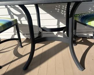 $300; O.W. Lee cast aluminum patio dinette table w/ two chairs; table 29" x 34"; chairs 19" seat w/cushion, 38" back x 19" W x 24 D