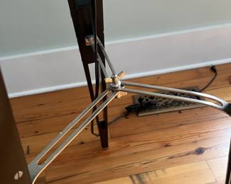 $125; Modern tripod floor lamp; approx. H: 56" body, 68.5" finial x 22" x 24"; minor wear