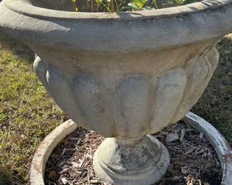 $300; Large heavy concrete urn planter; approx. 32" x 34"