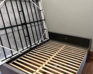 $125; Upholstered queen bed frame with mattress; approx. 82" x 62" x 16" H; also available without mattress
