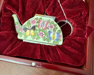 Kelvin Chen hand-painted enamel miniature teapot featuring a butterfly and floral motif in velvet box
