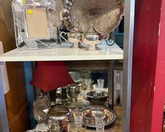 Silver bowls, trays, pitchers and bohemian hand painted stems