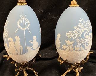 PAIR OF VTG. FABERGE STYLE HAND DECORATED WEDGWOOD STYLE DESIGN DUCK EGGS, ORNATE GOLD TONE STANDS, 5.25in H, ONE OF A KIND NO SHIPPING PICKUP ONLY