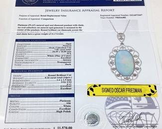 PLATINUM OPAL & DIAMOND PENDANT w CHAIN, 7.81ct OPAL, 0.26cts DIAMONDS, 11.3g TOTAL WEIGHT, GGA APPRAISAL $11,570.00