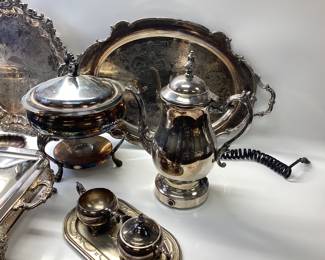 VINTAGE SILVER PLATE SERVING DISHES 11 PIECES WITH PYREX AND ANCHOR GLASSWARE INSERTS