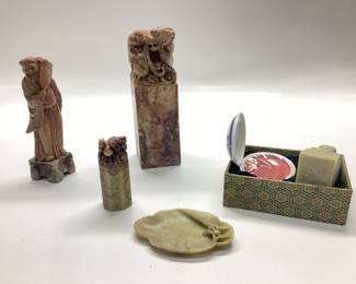 ANTIQUE CHINESE SOAPSTONE SEAL STAMPS CARVED SOAPSTONE SHOU LAO FIGURE AND SOAPSTONE ASHTRAY