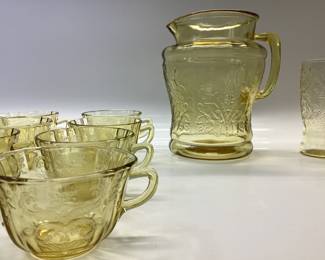 MADRID AMBER FEDERAL DEPRESSION PITCHER AND 6 GLASSES 12 TEA CUPS
