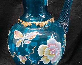FENTON NEW CENTURY COLLECTION XXI TURQUOISE BLUE HAND PAINTED PITCHER, SIGNED BILL FENTON FLORAL & BUTTERFLY DESIGN