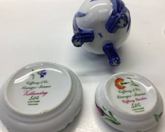 TIFFANY & CO. LIMOGES ( VILLANDRY), TIFFANY & CO.LIMOGES (TIFFANY GARDEN) PORCELAIN TRINKET BOX AND A 3 FOOTED BLUE AND WHITE VASE WITH X SIGNATURE ON THE BOTTOM