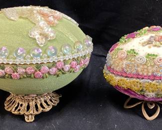  (2) VTG. FABERGE STYLE HAND DECORATED CHILDREN IN GARDEN CUTOUT PAPER DIORAMA & BEADED BABY DESIGN OSTRICH/DUCK EGGS, FLORAL & BEADED ACCENTS, ORNATE GOLD TONE STAND, 3.75in & 3in H, EACH ONE OF A KIND NO SHIPPING PICKUP ONLY