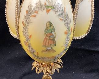 VTG. FABERGE STYLE HAND DECORATED GIRL FEEDING ANIMALS DIORAMA OSTRICH EGG, FLORAL ACCENTS, ORNATE GOLD TONE STAND, 8.25in H, ONE OF A KIND NO SHIPPING PICKUP ONLY