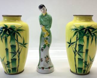 2 NEKKA CLOISONNÃ‰ VASES AND GEISHA 6 INCHES IN HEIGHT FEATURING BAMBO PATTERNS. ALSO A 7.5 INCH PORCELAIN JAPANESE GEISHA