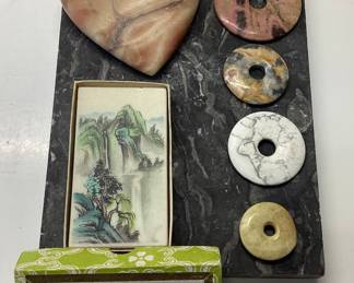 MARBLE PAPERWEIGHT HAND PAINTED IN CHINA ALABASTER HEART AND DONUT GEMSTONES