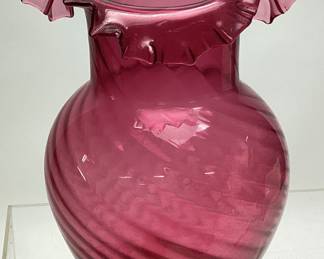 RUFFLED TOP CRANBERRY GLASS VASE, 10in H