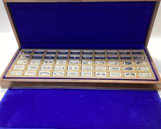 50 STERLING INGOTS 104 TOTAL TROY OZ. BANKMARKED THIS LIMITED EDITION 1972 FRANKLIN MINT "BANKMARKED"COLLECTORS BOX FEATURES 50 STERLING SILVER INGOTS WEIGHING 1000 GRAINS (2.083 TROY OZ) EACH. EVERY INGOT FEATURES A CHOSEN BANK FROM EACH STATE.