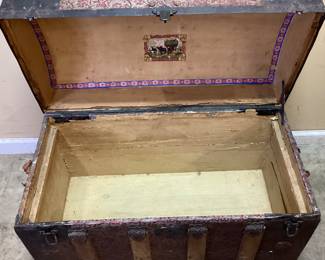  ANTIQUE DOME TOP STEAMER TRUNK w RED ACCENTS NO SHIPPING PICKUP ONLY