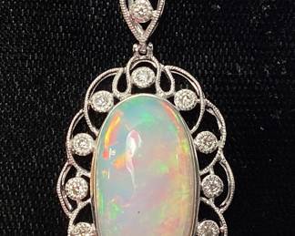 PLATINUM OPAL & DIAMOND PENDANT w CHAIN, 7.81ct OPAL, 0.26cts DIAMONDS, 11.3g TOTAL WEIGHT, GGA APPRAISAL $11,570.00