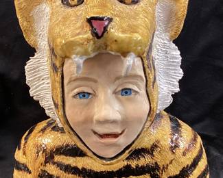 THE WILD BOY TIGER POTTERY SCULPTURE BY ANNE LEWIS, SALEM, 11.5in H & 11in L NO SHIPPING PICKUP ONLY