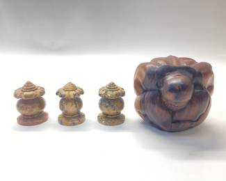  HAND CARVED WOODEN WEEPING BUDDHA WITH 3 SOAPSTONE INCENSE HOLDERS