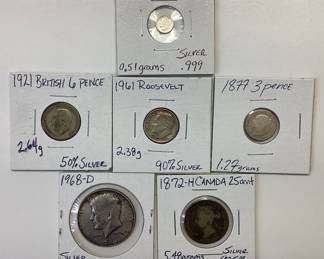 MIXED SILVER COIN LOT, 40-.999 SILVER MINI MORGAN,1961 DIME, 1877 3 PENCE, 1872-H CANADIAN 25 CENT, 1921 6 PENCE, 1968-D HALF DOLLAR.