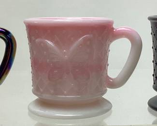 (3) 1986-89 FENTON BUTTERFLY MUGS, CARNIVAL GLASS, ROSALENE, BLACK