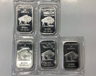 5 SILVER BUFFALO INGOTS 5 BARS OF .999 FINE SILVER WEIGHING 1 TROY OZ. EACH