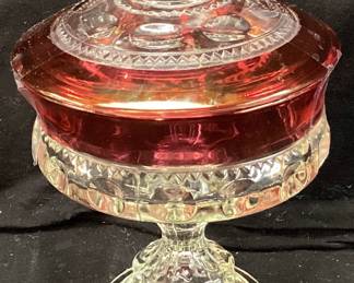 TIFFIN KINGS CROWN CRANBERRY COVERED CANDY JAR, 8in H