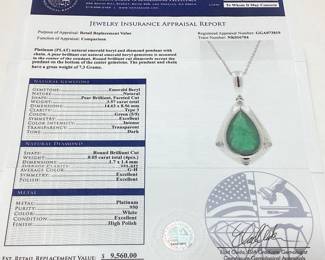 PLATINUM EMERALD & DIAMOND PENDANT w CHAIN, 3.57ct EMERALD, 0.05cts DIAMONDS, 7.3g TOTAL WEIGHT, GGA APPRAISAL $9,560.00