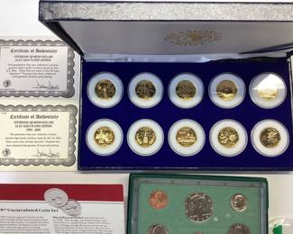 MIXED U.S. COIN PROOFS AND DENVER SOUVENIR 24K GOLD PLATED 1999-2000 STATEHOOD SET, 1987 PHILADELPHIA AND DENVER PROOF SET. 1989 PHILADELPHIA PROOF SET AND DENVER 1789 SOUVENIR COIN
