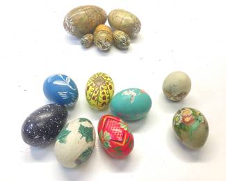 VINTAGE HAND PAINTED EGGS, WORLD MAP NESTING EGG SOME CERAMIC, WOOD AND STONE