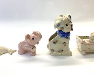 VINTAGE OCCUPIED JAPAN FIGURINES SEAL, ELEPHANT, DOG AND BABY IN A CRADLE