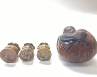 HAND CARVED WOODEN WEEPING BUDDHA WITH 3 SOAPSTONE INCENSE HOLDERS