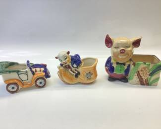 TWO VINTAGE OCCUPIED JAPAN PIG PLANTERS AND CAR PLANTER
