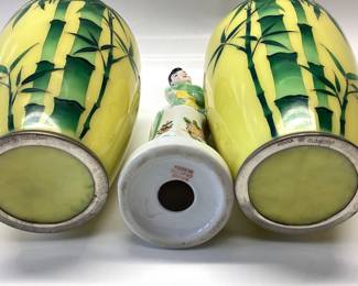 2 NEKKA CLOISONNÃ‰ VASES AND GEISHA 6 INCHES IN HEIGHT FEATURING BAMBO PATTERNS. ALSO A 7.5 INCH PORCELAIN JAPANESE GEISHA