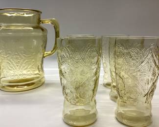 MADRID AMBER FEDERAL DEPRESSION PITCHER AND 6 GLASSES 12 TEA CUPS