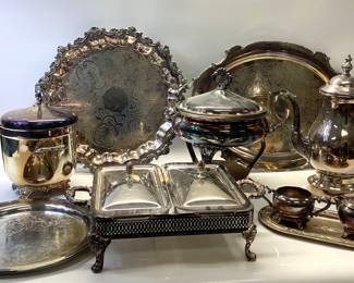 VINTAGE SILVER PLATE SERVING DISHES 11 PIECES WITH PYREX AND ANCHOR GLASSWARE INSERTS