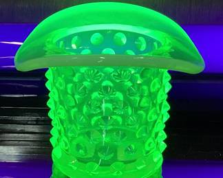 (2) FENTON HOBNAIL TOP HATS, URANIUM 1940-43 & BLUE OPALESCENT 1940-53 TOP HAT, 2.25in H