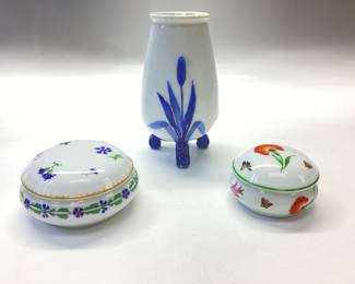 TIFFANY & CO. LIMOGES ( VILLANDRY), TIFFANY & CO.LIMOGES (TIFFANY GARDEN) PORCELAIN TRINKET BOX AND A 3 FOOTED BLUE AND WHITE VASE WITH X SIGNATURE ON THE BOTTOM