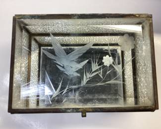 VINTAGE BEVELED MIRRORED GLASS KEEPSAKE BOX, BLOWN GLASS OIL LAMP WITH GOLD TRIM, TWO SQUARE CERAMIC CANDLE HOLDERS AND A APPETIZER SERVER