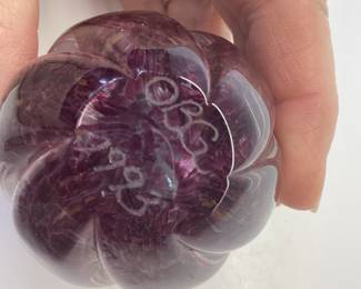 CARIBBEAN BLUE CALCITE STONE EGG, OBG 1993 VINTAGE ART GLASS EGG PAPERWEIGHT AND ART PAPERWEIGHT SWIRLING COLBOLT BLUE AND WHITE IRIDESCENT ORB