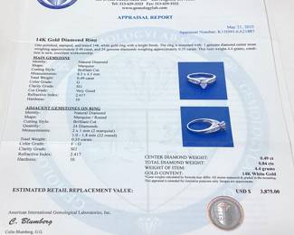 14KT WHITE GOLD DIAMOND RING, SIZE 6.75, 0.49ct CENTER DIAMOND, 0.84cts ADJACENT DIAMONDS, 4.4g TOTAL WEIGHT, AIGL APPRAISAL $3,875.00