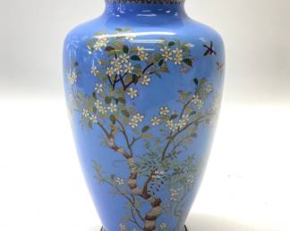 MEIJI PERIOD SILVER WIRE CLOISONNÃ‰ VASE 6" TALL FEATURING CHERRY BLOSSOM AND BIRD PATTERN. JAPANESE STAMP ? MEANING SILVER. POSSIBLY ANDO STUDIO.