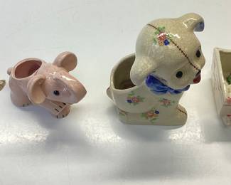 VINTAGE OCCUPIED JAPAN FIGURINES SEAL, ELEPHANT, DOG AND BABY IN A CRADLE